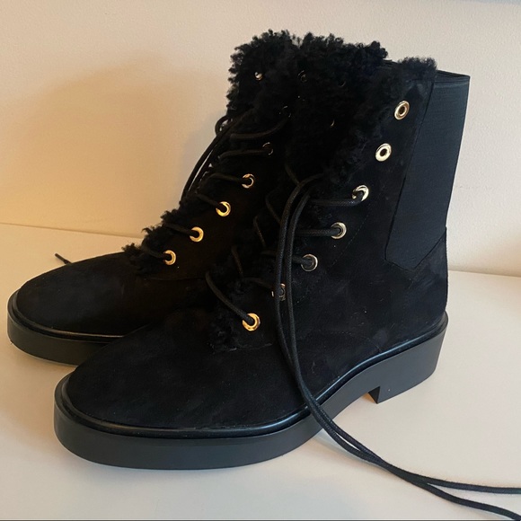 New Stuart Weitzman Henley Chill Suede & Shearling Combat Boots Size 37.5 - Picture 8 of 13